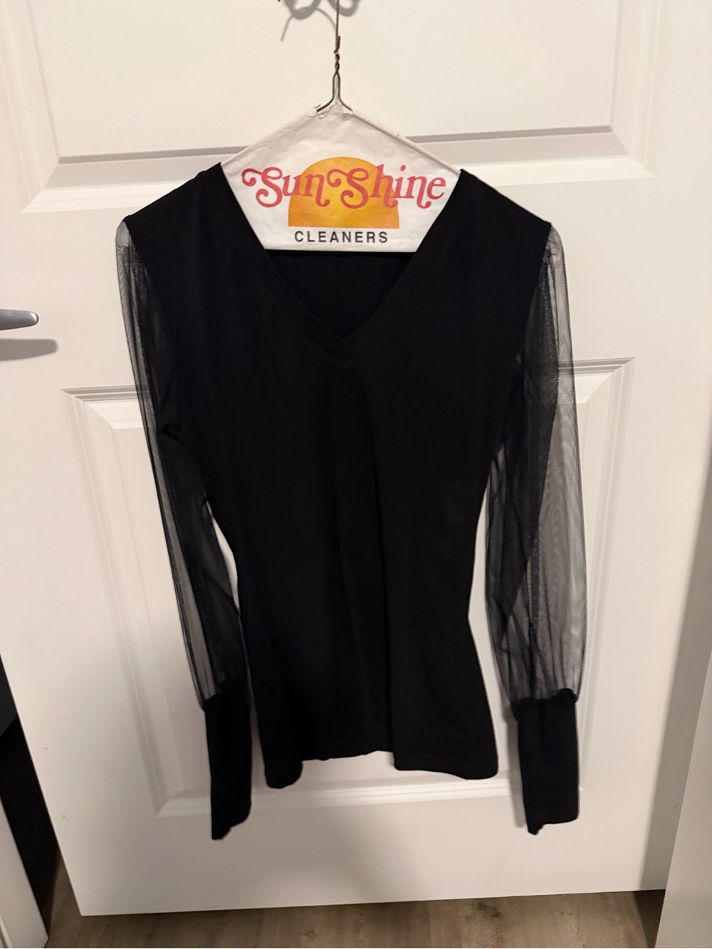 Black V-Neck Top with Sheer Mesh Sleeves